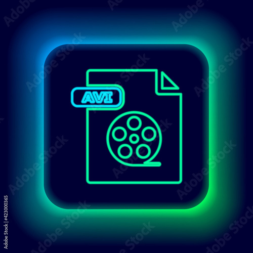 Glowing neon line AVI file document. Download avi button icon isolated on black background. AVI file symbol. Colorful outline concept. Vector photo