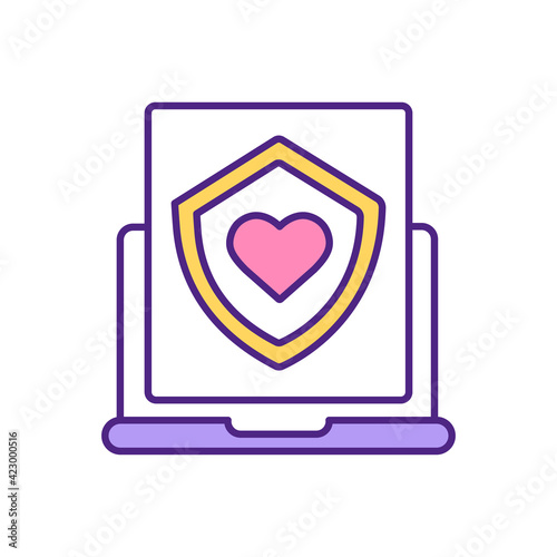 Secure online dating website RGB color icon. Security symbol with heart shape. Computer safety proof sign. Single people finding couple on scammer free app isolated vector illustration