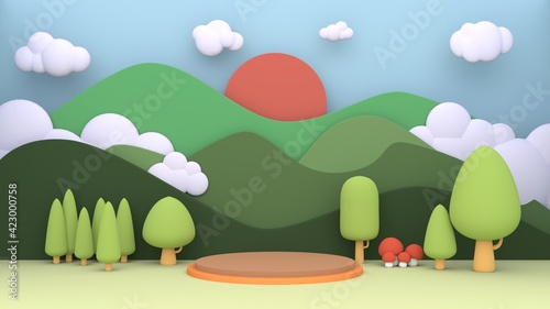 Cartoon 3d green little forest mountain and sun cloudy beautiful sunshine day in paper cut pastel style  stage layout with podium pedestal.3d rendering.