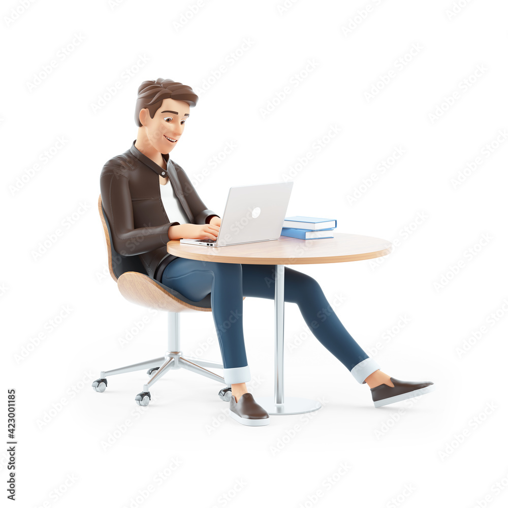 3d cartoon man working on laptop