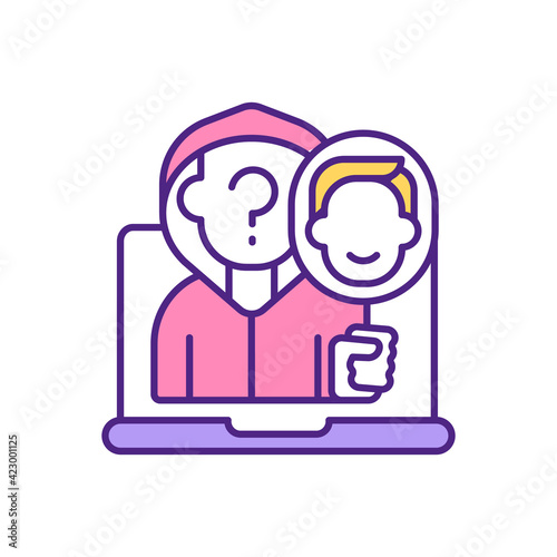 Fake user on dating app RGB color icon. Anonymous person. Pretending someone else. Hiding personality. Unknown member trying to find couple with dishonest approach isolated vector illustration