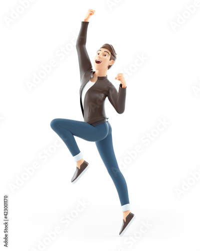 3d cartoon man jumping for joy