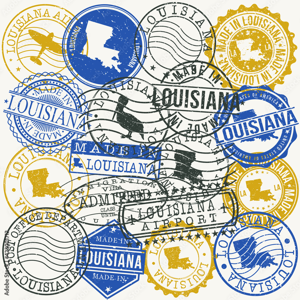 Louisiana, USA Set of Stamps. Travel Passport Stamps. Made In Product. Design Seals in Old Style Insignia. Icon Clip Art Vector Collection.