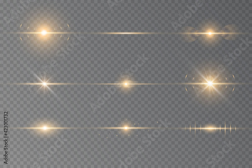 Special effect with rays of light and magic sparkles. Yellow horizontal lens flares pack. Sunlight a translucent. Design of the light effect. Vector illustration