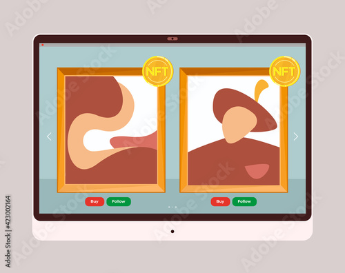 Online art sales market in interne. NFT non fungible tokens. Vector design