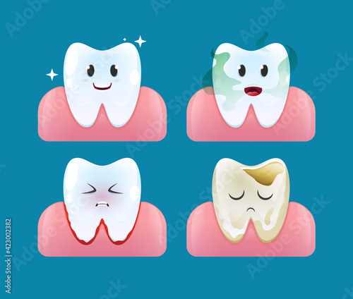 Healthy, caries, halitosis teeth characters. Vector cartoon style.