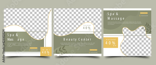Spa, beauty, and massage social media post. Minimalist modern banner with green and white background. Suitable for social media post, flyer, and website. Vector design with place for the photo.