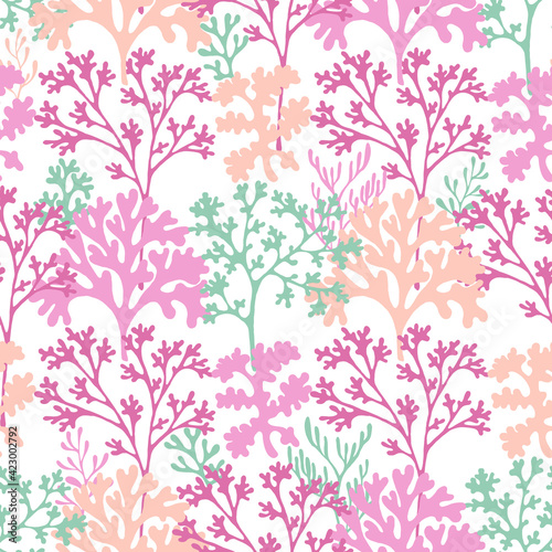 Coral reef underwater plans vector seamless pattern.