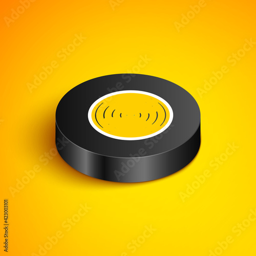 Isometric line Radar with targets on monitor in searching icon isolated on yellow background. Military search system. Navy sonar. Black circle button. Vector
