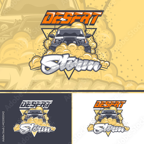 Desert Storm with an off-road car in three variants for printing on t-shirts.
