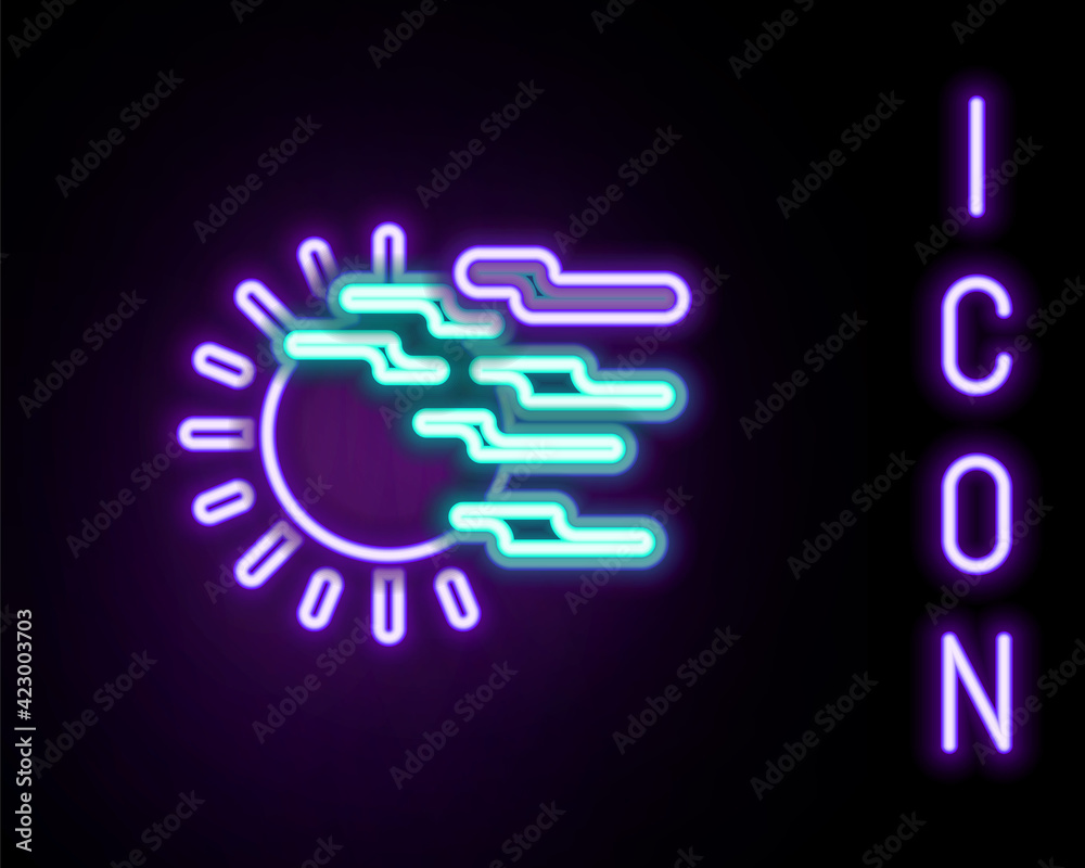 Glowing neon line Fog and sun icon isolated on black background. Colorful outline concept. Vector Glowing neon line Fog and sun icon isolated on black background. Colorful outline concept. Vector