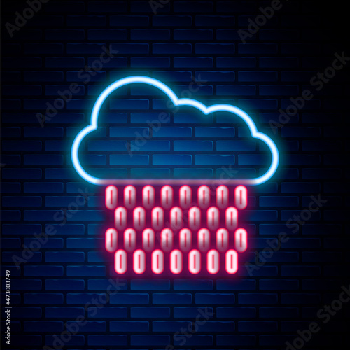 Glowing neon line Cloud with rain icon isolated on brick wall background. Rain cloud precipitation with rain drops. Colorful outline concept. Vector