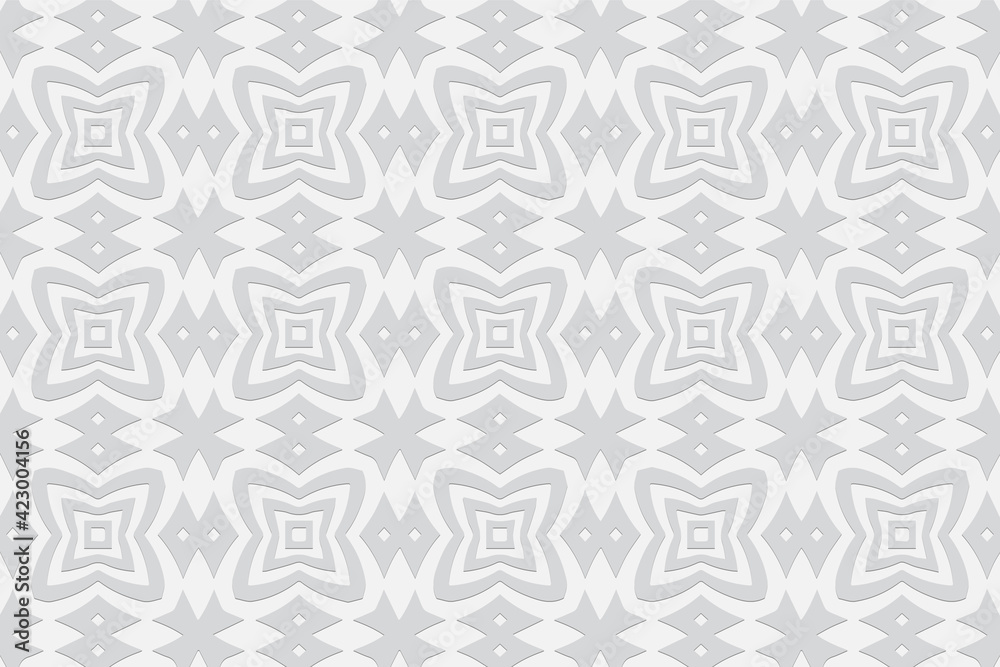 3d convex volumetric monochrome pattern. Ethnic embossed white background with elements of geometric ornament. Elegant composition in the style of Africa, Mexico, Indians.