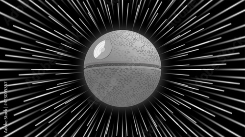 Cosmic abstract poster. Background with hyper jump effect. In the center 3D gray spherical space station