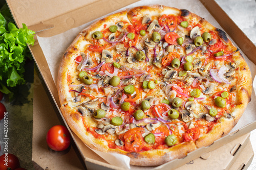 vegetable pizza no meat no cheese snack fast food vegan or vegetarian food savory pie meal top view copy space food background rustic 