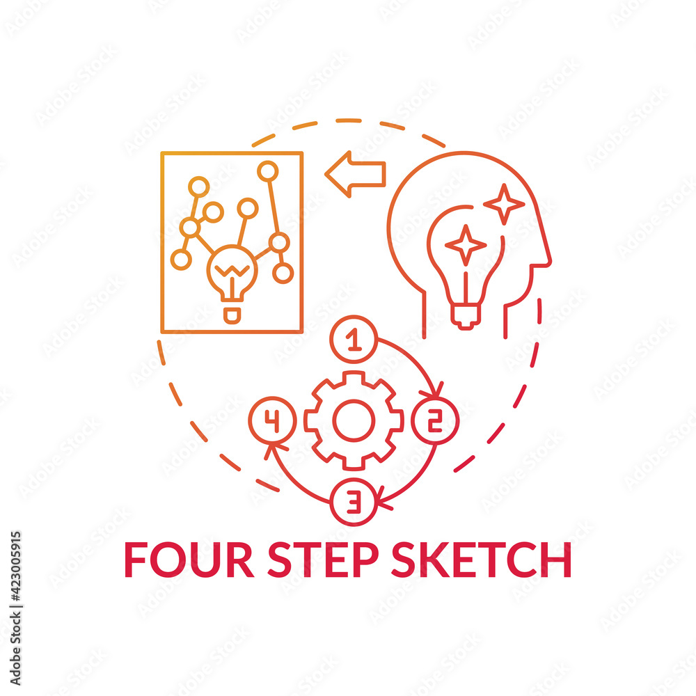 Four step sketch red gradient concept icon. Exercise for creative thinking. Strategy for making decisions. Problem solving idea thin line illustration. Vector isolated outline RGB color drawing Four step sketch red gradient concept icon. Exercise for creative thinking. Strategy for making decisions. Problem solving idea thin line illustration. Vector isolated outline RGB color drawing