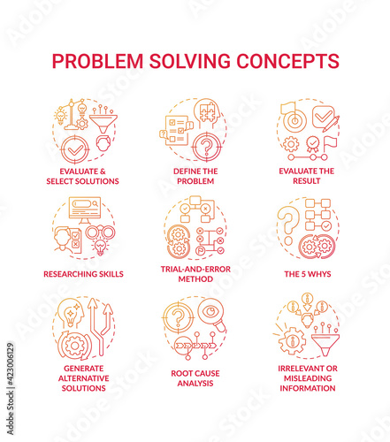 Problem solving red gradient concept icons set. Evaluate and select solution. Researching skills. Creative thinking idea thin line RGB color illustrations. Vector isolated outline drawings