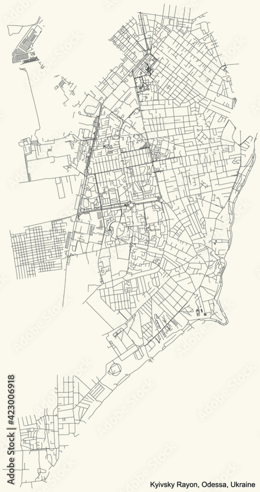 Fototapeta premium Black simple detailed street roads map on vintage beige background of the quarter Kyivsky district of Odessa, Ukraine