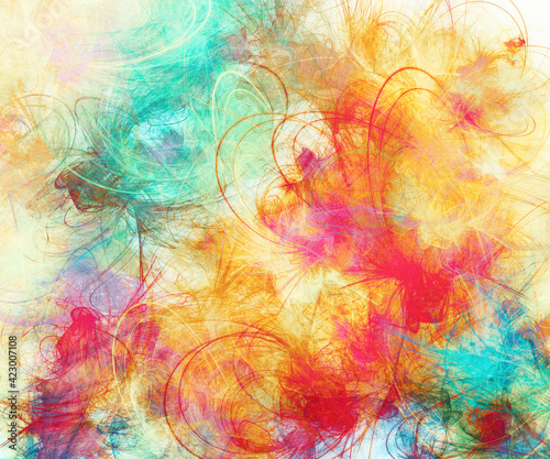 Blue orange red summer background Arbitrary gradient shapes smudges streaks Distorted pattern Textured iridescent drawing Graphic composition Painted wall texture design.