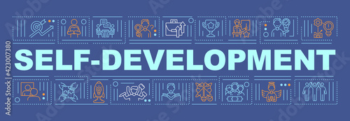 Self-development word concepts banner. Personal goals and abilities improvement. Infographics with linear icons on blue background. Isolated typography. Vector outline RGB color illustration