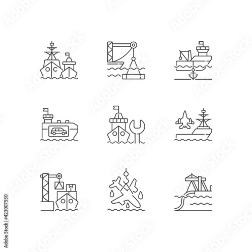 Shipping industry linear icons set. Naval fleet. Underwater construction. Anchorage. Car shipping. Customizable thin line contour symbols. Isolated vector outline illustrations. Editable stroke