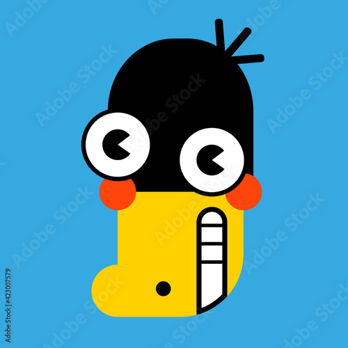 Black crazy duck, face with smile. Abstract funny cute comic character. Color vector trendy illustration face isolated on a blue background. Cartoon style, flat design. For print, logo, stories, card.