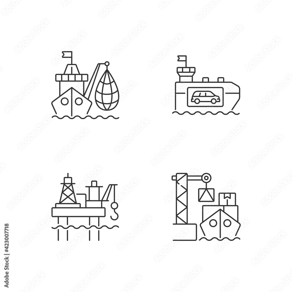 Marine industry sector linear icons set. Industrial fishing. Vehicle carrier ship. Offshore oil platform. Customizable thin line contour symbols. Isolated vector outline illustrations. Editable stroke