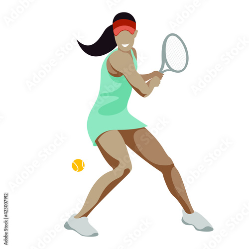 vector flat design illustration of a sportive girl in sports uniform who plays tennis isolated on white background. can be used in various types of advertising products for tennis clubs and courts. © Nadia