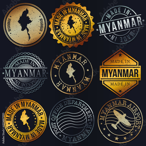 Myanmar (Burma) Business Metal Stamps. Gold Made In Product Seal. National Logo Icon. Symbol Design Insignia Country.