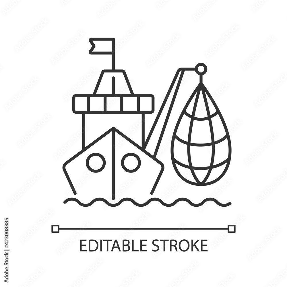 Industrial fishing linear icon. Selling fish and fish products. Commercial fishing industry. Thin line customizable illustration. Contour symbol. Vector isolated outline drawing. Editable stroke
