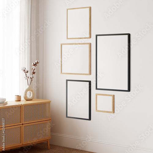 Fototapeta Naklejka Na Ścianę i Meble -  Frame & poster mockup in Boho style interior. 3d rendering, 3d illustration	