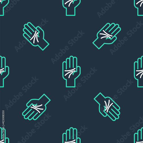 Line Palmistry of the hand icon isolated seamless pattern on black background. Vector