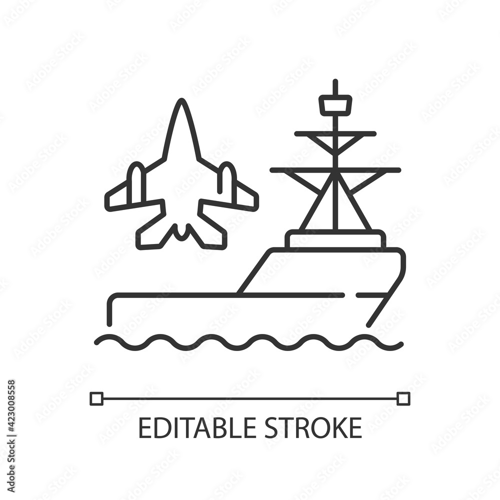 Aircraft carrier linear icon. Seagoing airbase. Place for aircraft launching and landing. Warship. Thin line customizable illustration. Contour symbol. Vector isolated outline drawing. Editable stroke