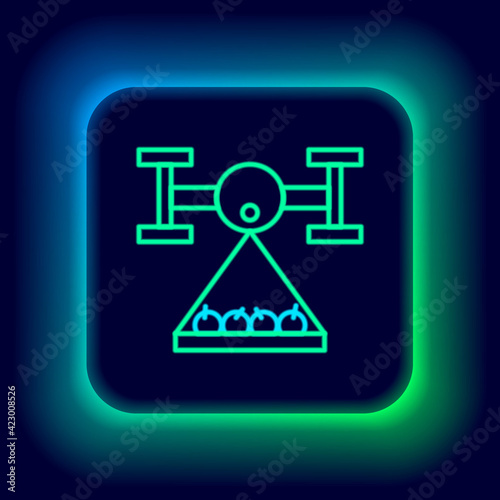 Glowing neon line Smart farm with drone control collects harvest icon isolated on black background. Innovation technology for agricultural company. Colorful outline concept. Vector