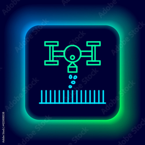 Glowing neon line Smart farm with drone control for seed planting icon isolated on black background. Innovation technology for agricultural company. Colorful outline concept. Vector