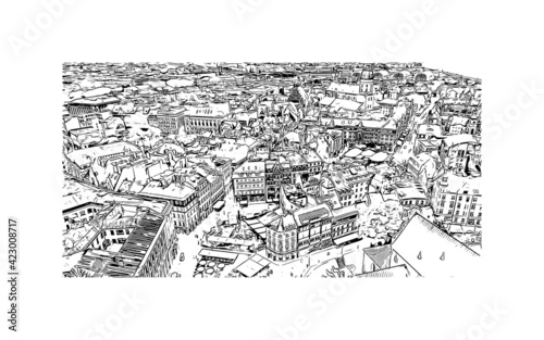 Building view with landmark of Riga is the 
capital of Latvia. Hand drawn sketch illustration in vector.