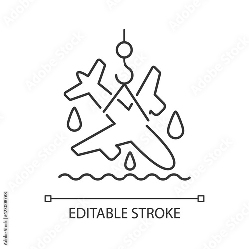 Plane salvage linear icon. Emergency evacuation. Sea rescue boat. Waterborne support. Thin line customizable illustration. Contour symbol. Vector isolated outline drawing. Editable stroke