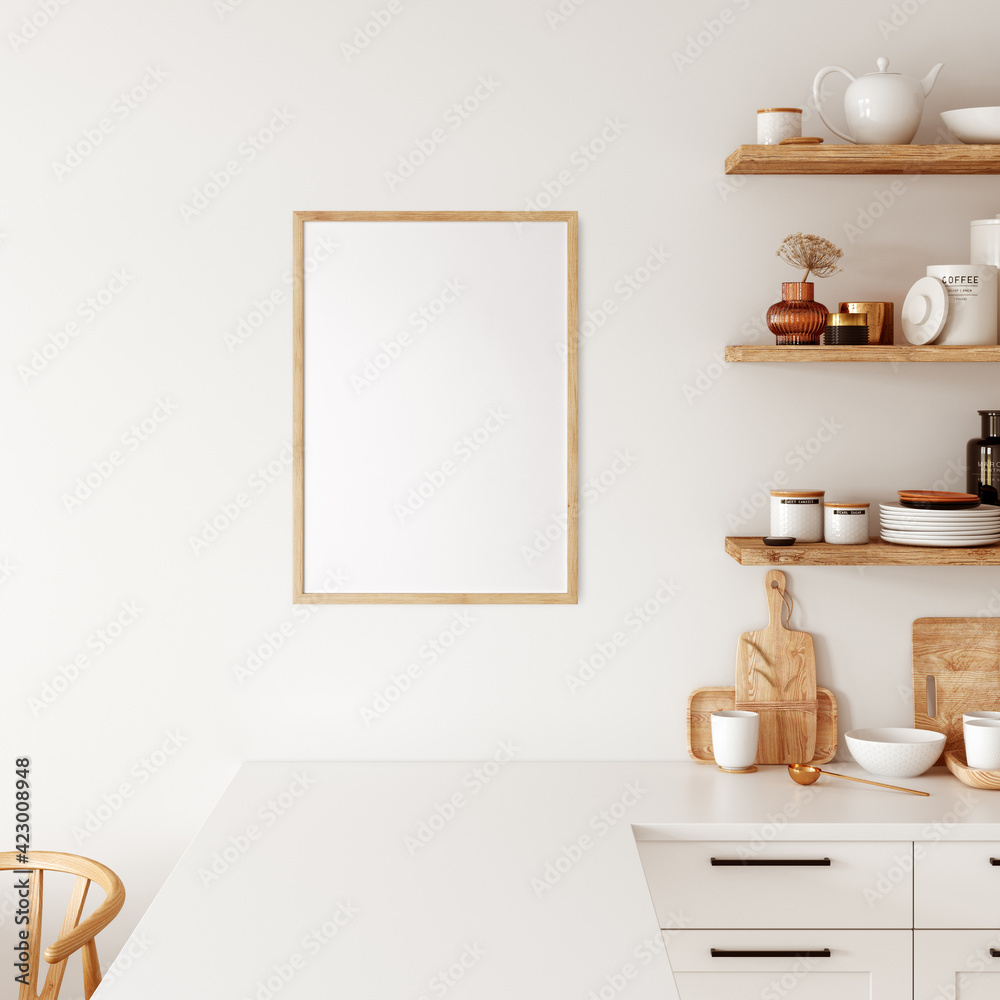 Frame & Poster mockup in kitchen interior.  Boho style.  3d rendering, 3d illustration	 - obrazy, fototapety, plakaty 