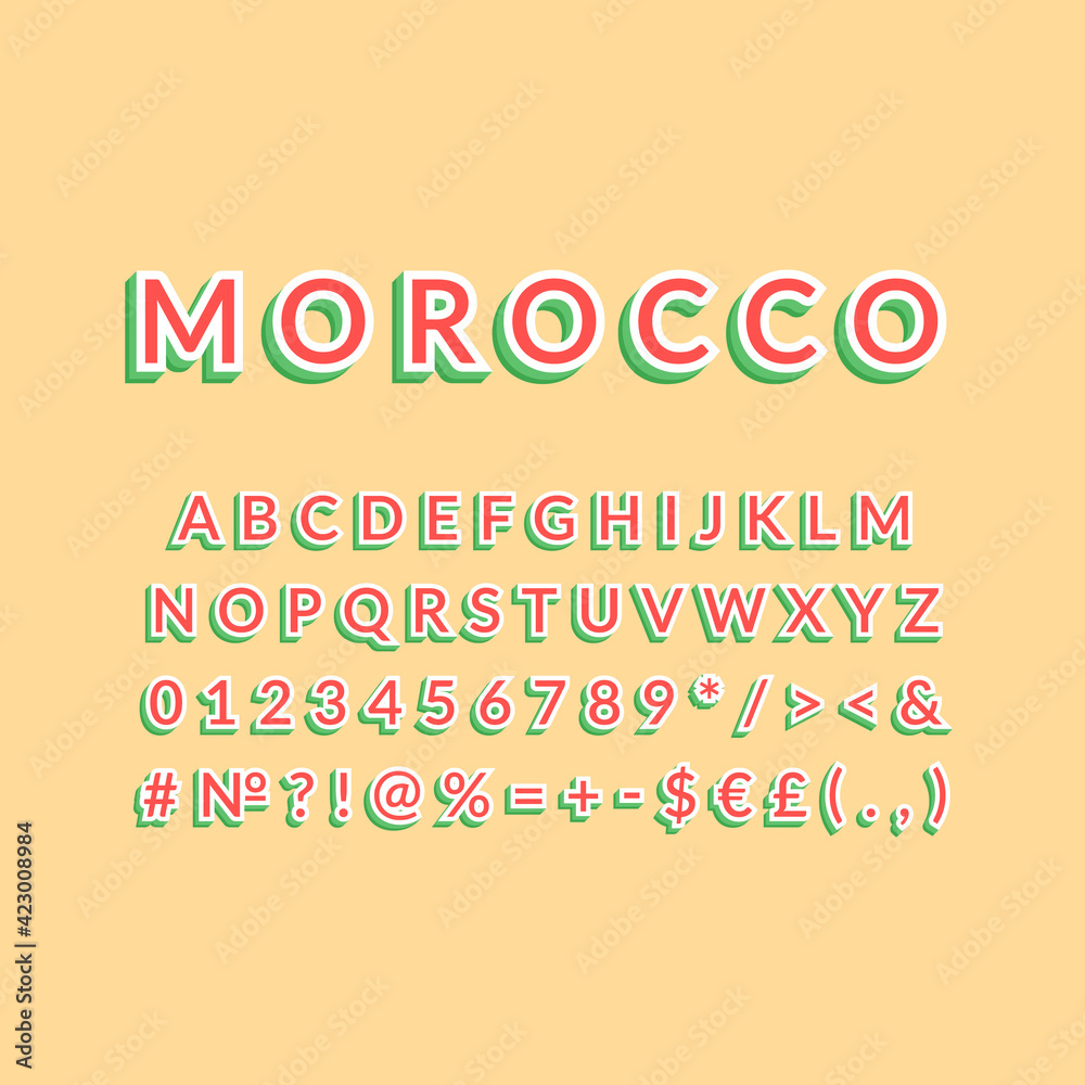 Morocco vintage 3d vector alphabet set. Retro bold font, typeface. Pop art stylized lettering. Old school style letters, numbers, symbols pack. 90s, 80s creative typeset design template