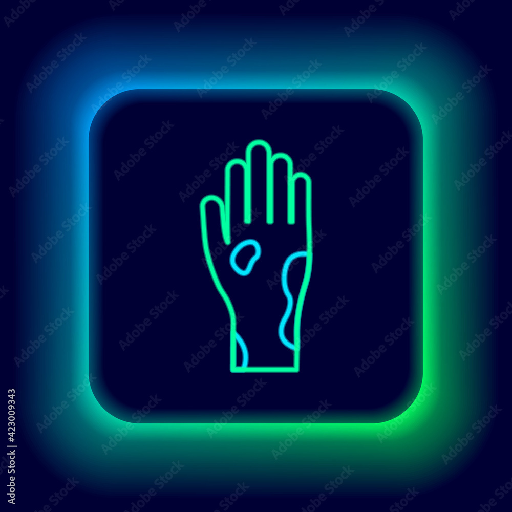 Glowing neon line Hand with psoriasis or eczema icon isolated on black background. Concept of human skin response to allergen or chronic body problem. Colorful outline concept. Vector Glowing neon line Hand with psoriasis or eczema icon isolated on black background. Concept of human skin response to allergen or chronic body problem. Colorful outline concept. Vector