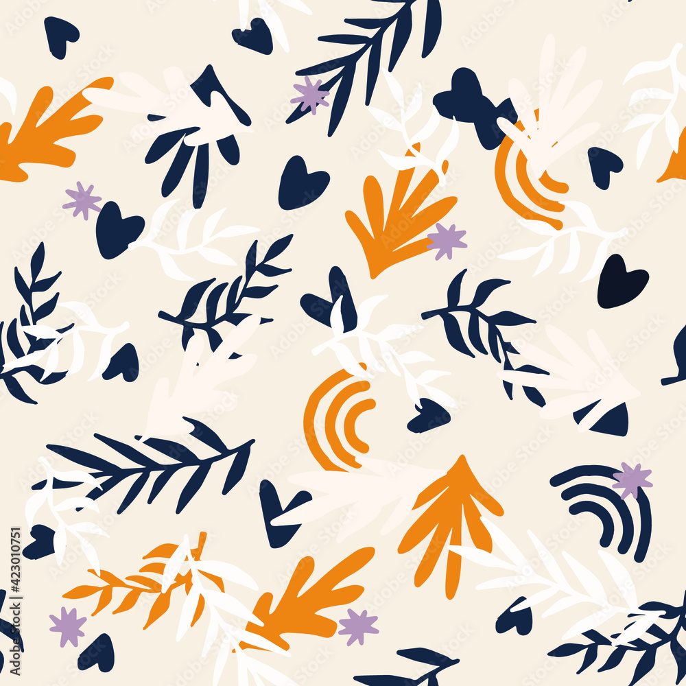 Beautiful Mid- Century Boho style Pattern with Palm Branches. Repeating Vector Design in warm color palette.