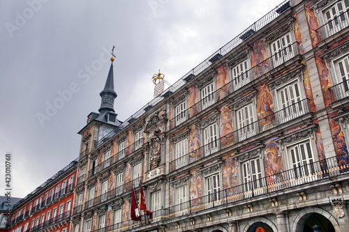 Beautiful Madrid Style building of Los Austrias in the Mayor Square in Madrid. Spain. Travel Tourism Holidays