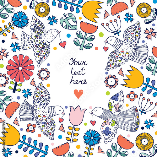  Flowers and birds in Scandinavian style. Summer motive. Card.