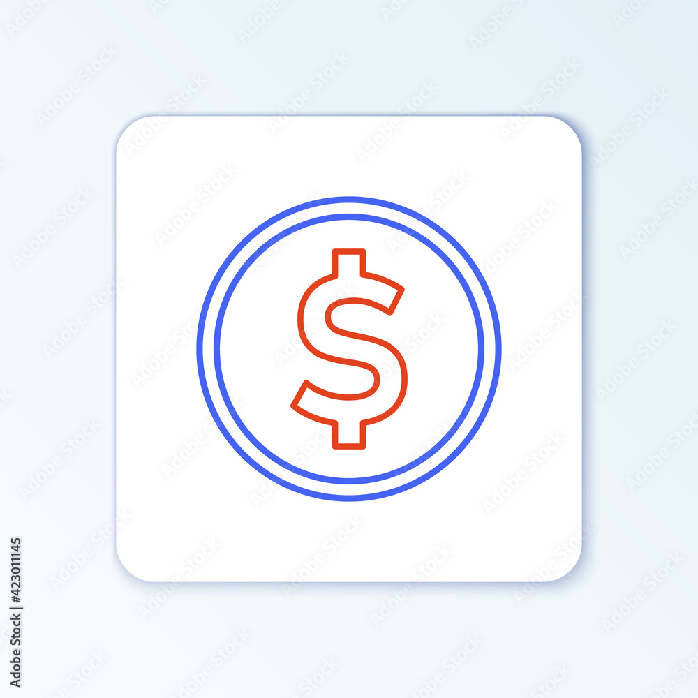 Line Coin money with dollar symbol icon isolated on white background. Banking currency sign. Cash symbol. Colorful outline concept. Vector Line Coin money with dollar symbol icon isolated on white background. Banking currency sign. Cash symbol. Colorful outline concept. Vector
