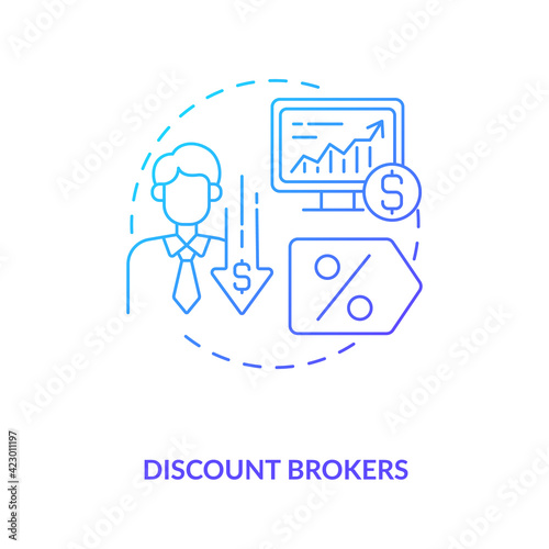 Discount brokers concept icon. Broker type idea thin line illustration. Providing investment services. Rock-bottom pricing. Offering discount trading rates. Vector isolated outline RGB color drawing