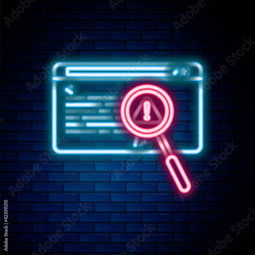 Glowing neon line System bug concept icon isolated on brick wall background. Code bug concept. Bug in the system. Bug searching. Colorful outline concept. Vector