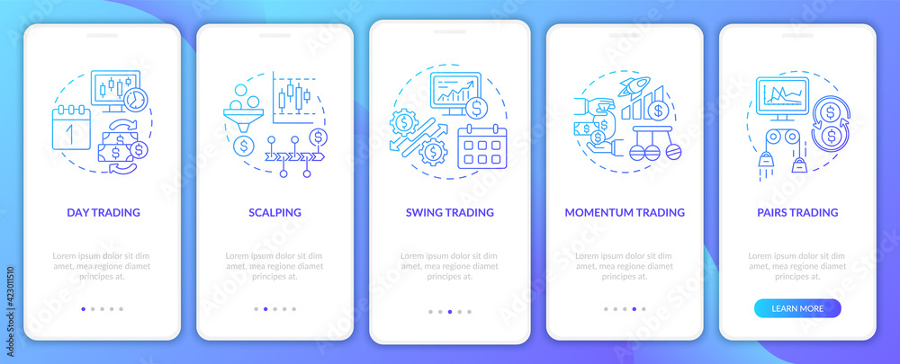 Stock trade styles onboarding mobile app page screen with concepts. Day, momentum trading walkthrough 5 steps graphic instructions. UI, UX, GUI vector template with linear color illustrations Stock trade styles onboarding mobile app page screen with concepts. Day, momentum trading walkthrough 5 steps graphic instructions. UI, UX, GUI vector template with linear color illustrations