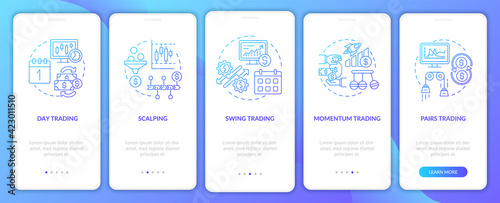 Stock trade styles onboarding mobile app page screen with concepts. Day, momentum trading walkthrough 5 steps graphic instructions. UI, UX, GUI vector template with linear color illustrations