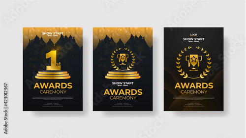Golden award sign with modern glowing background, award ceremony flyer poster design	