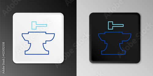 Line Anvil for blacksmithing and hammer icon isolated on grey background. Metal forging. Forge tool. Colorful outline concept. Vector